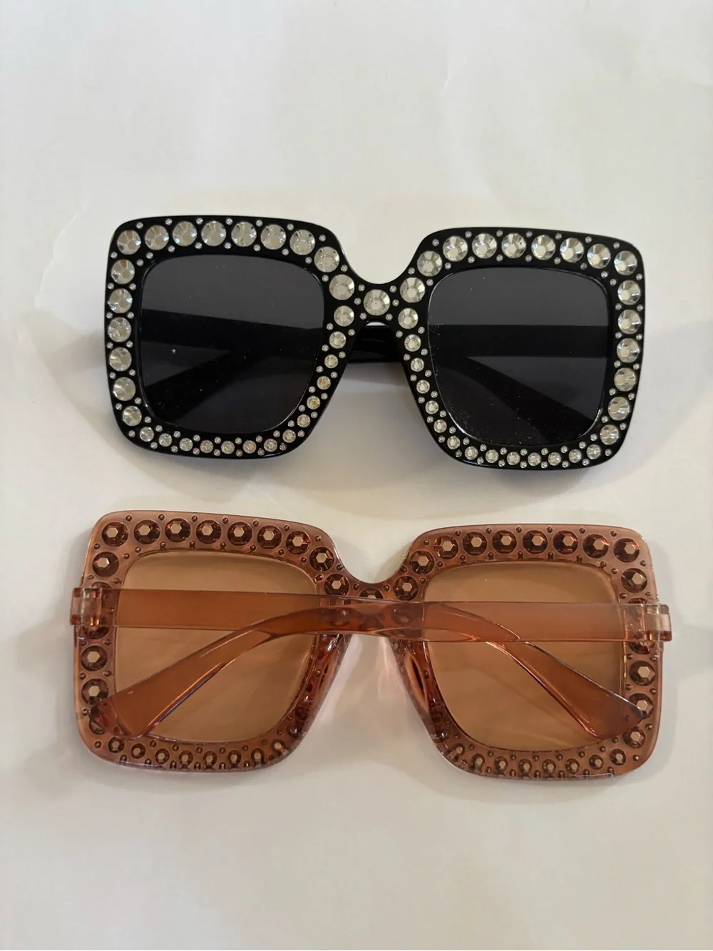 Crystal-Trim Square Sunglasses - Black and Pink